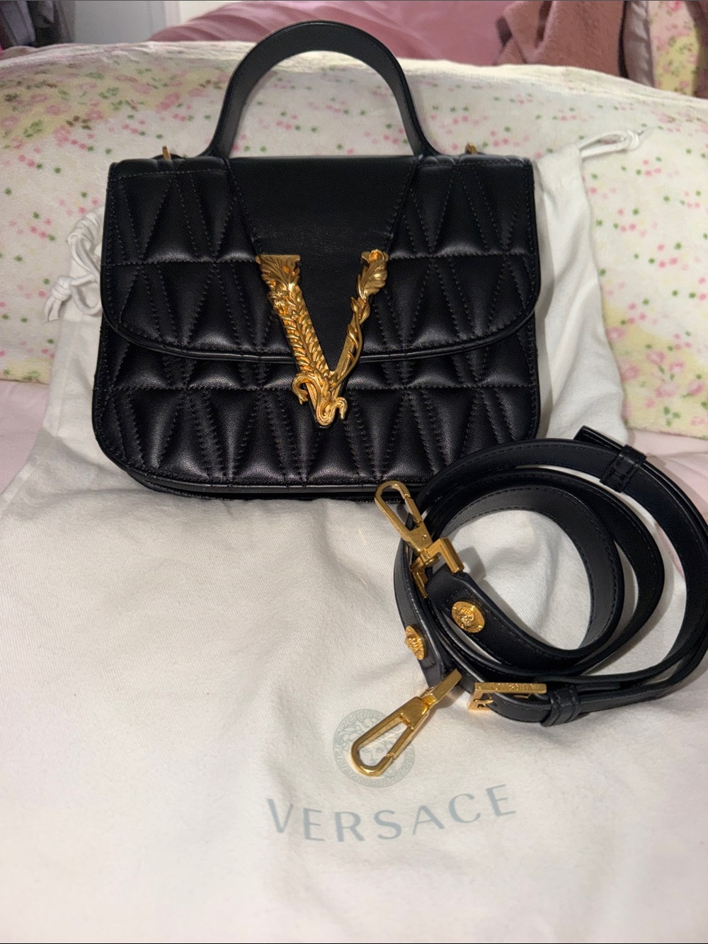 Authentic Versace Virtus Quilted Leather Top Handle Bag Black Gold